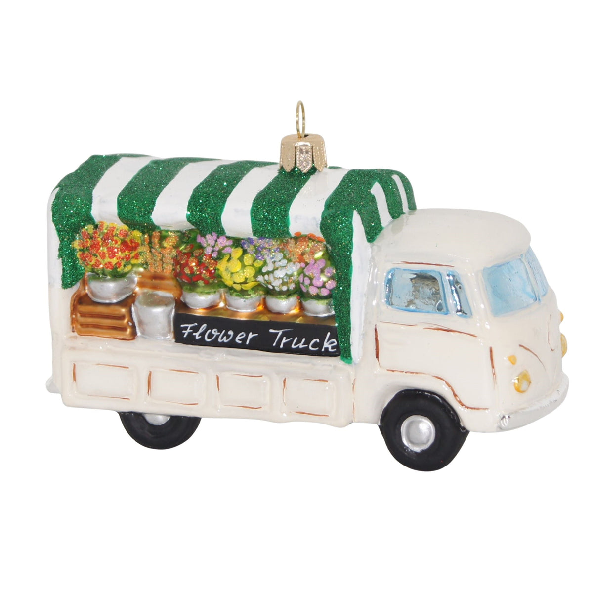 A decorative glass ornament shaped like a flower truck, featuring a cream-colored cab, a green and white striped awning, and colorful flower arrangements on the side under a sign that reads 'Flower Truck'.