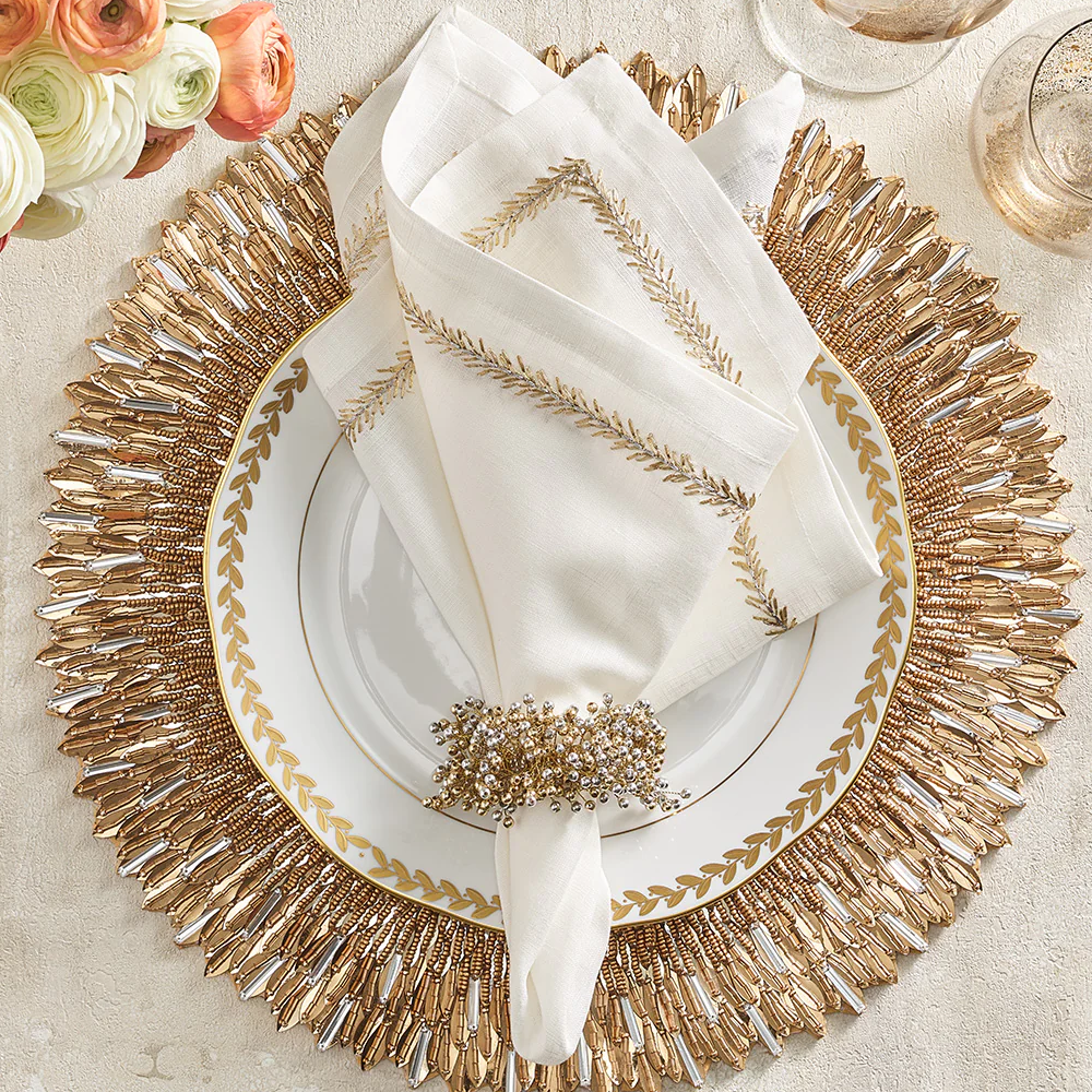 Kim Seybert Spray Napkin Ring in Gold & Silver, Set of 4- Diane James Home | Faux Floral Couture Handmade In The USA
