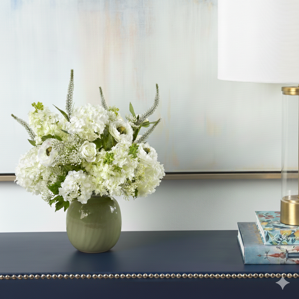 Faux floral arrangement in a green vase by Diane James Home on a table with a lamp and books in the background.