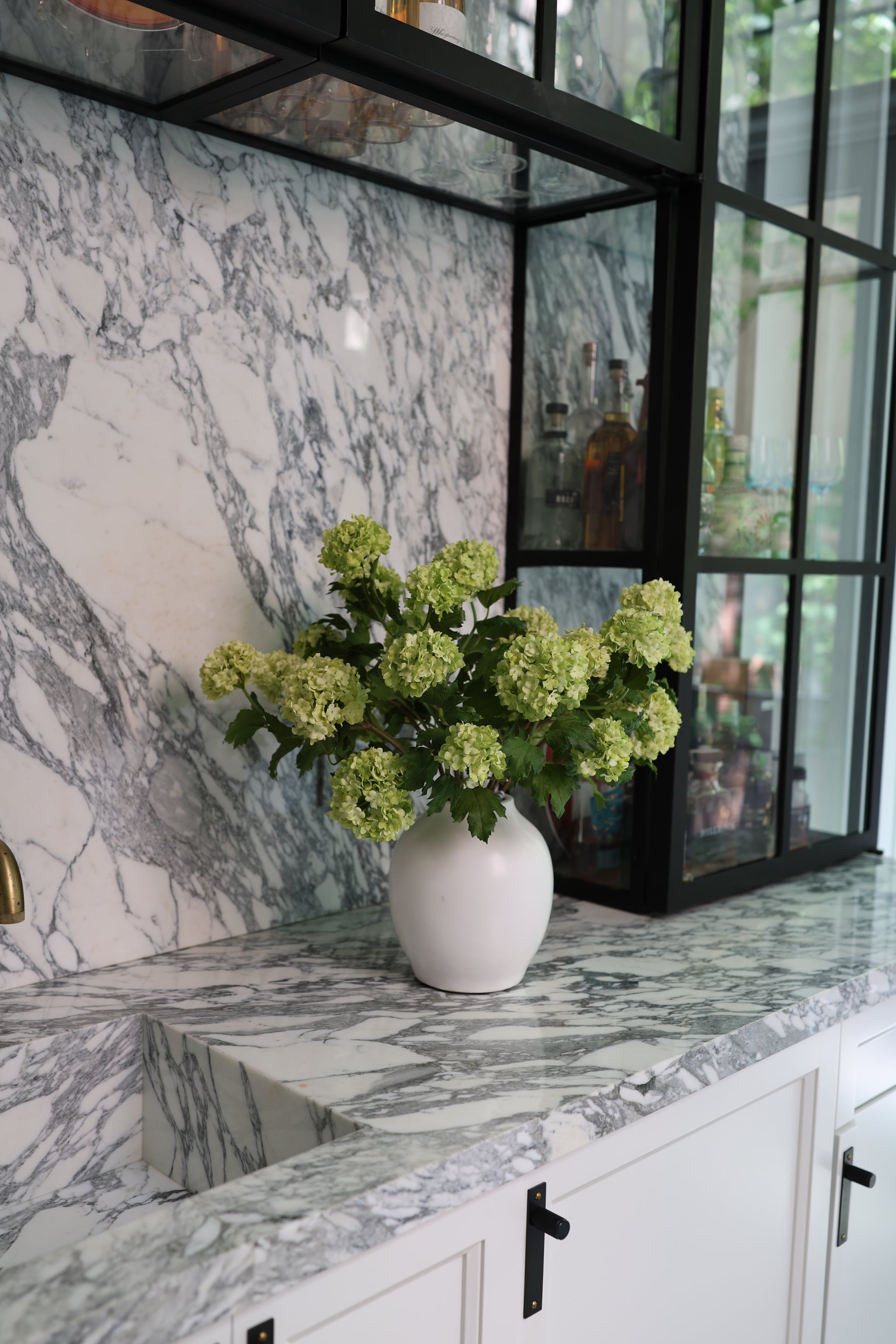 Green Snowballs in White Ceramic Vase- Diane James Home | Faux Floral Couture Handmade In The USA