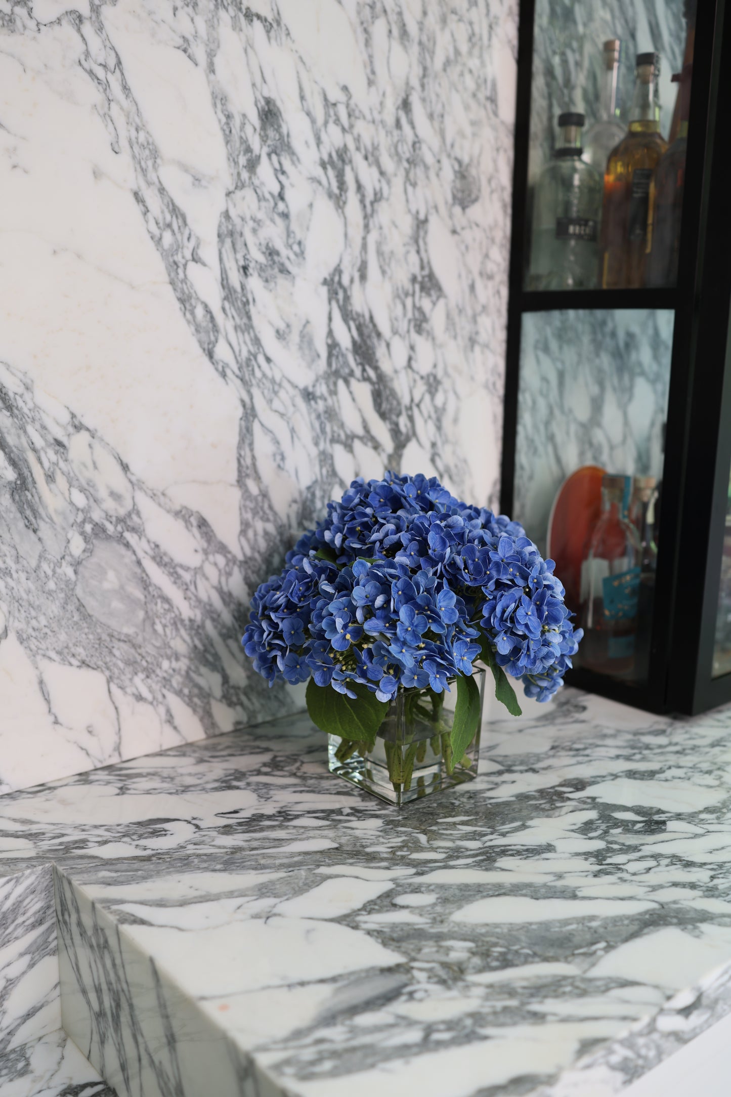 Blue Hydrangeas in Glass Cube- Diane James Home | Faux Floral Couture Handmade In The USA