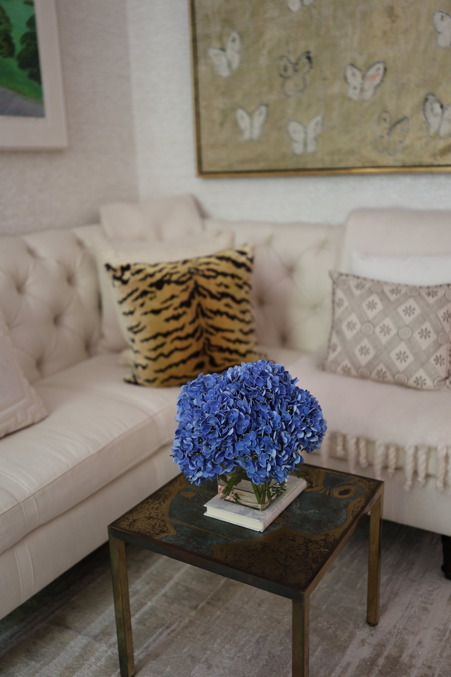 Blue Hydrangeas in Glass Cube- Diane James Home | Faux Floral Couture Handmade In The USA