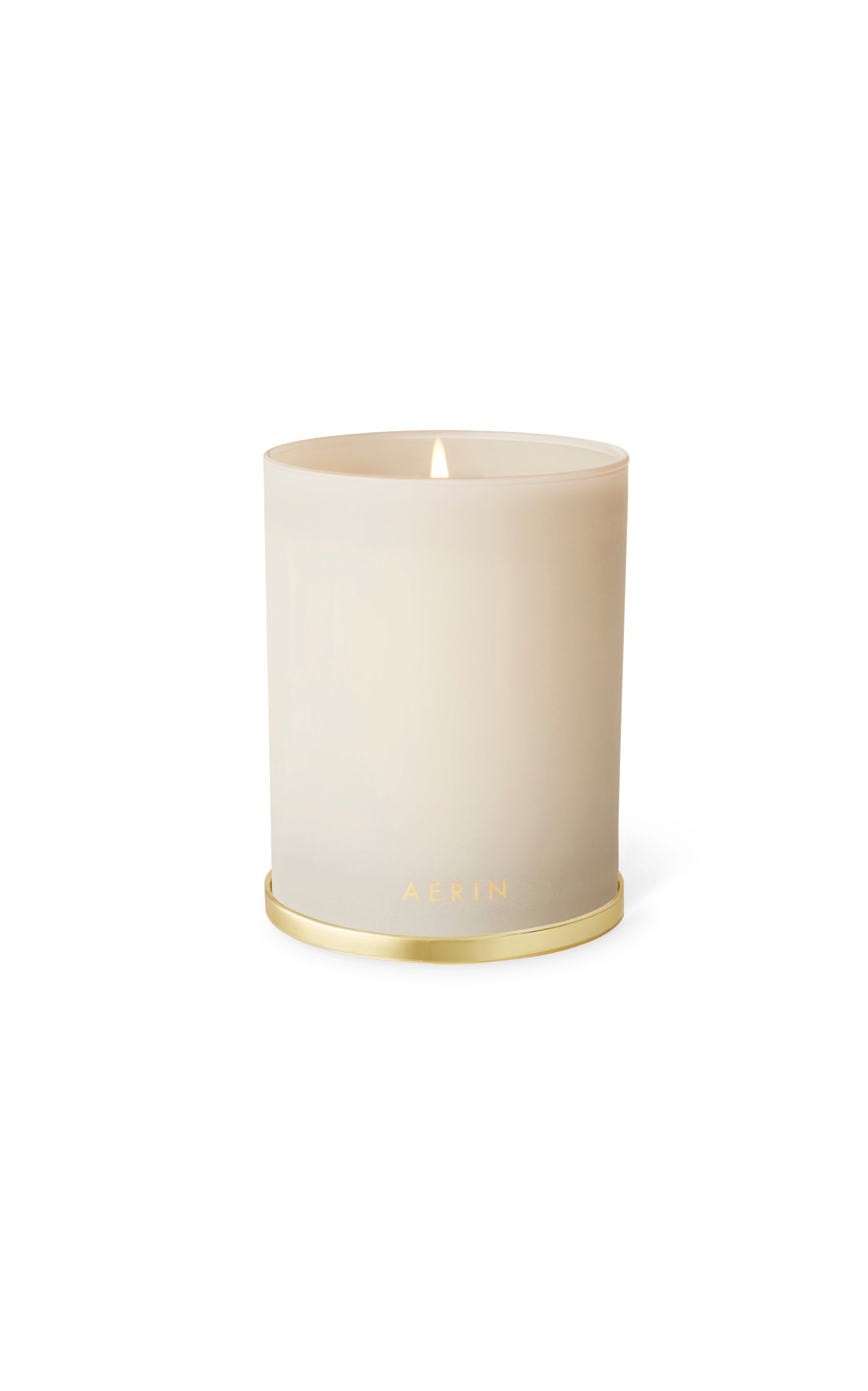 White candle with gold base on a white background