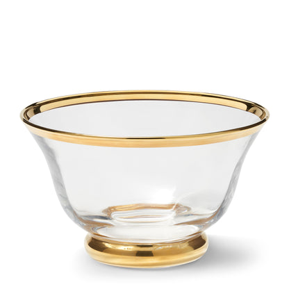 Clear glass bowl with gold rim and base on a white background