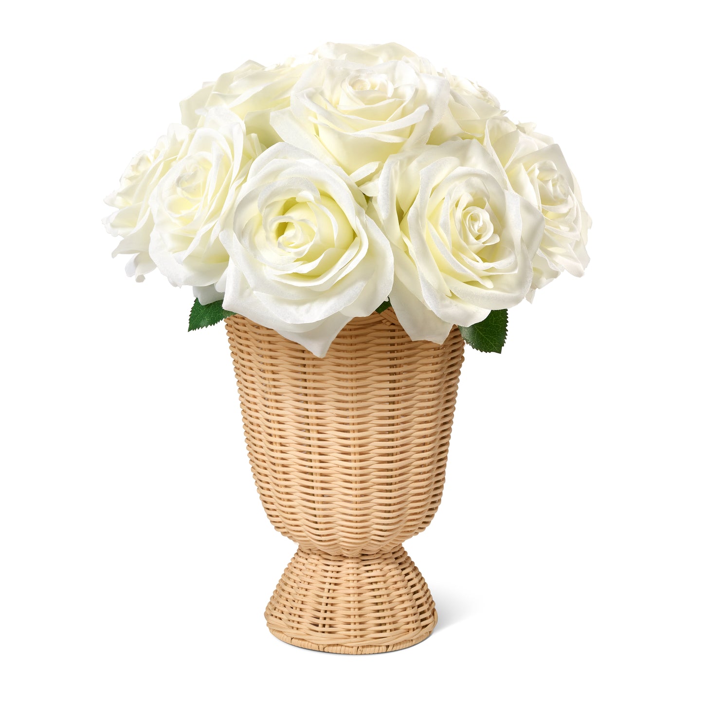 White Roses in Freya Rattan Pedestal Vase- Diane James Home | Faux Floral Couture Handmade In The USA