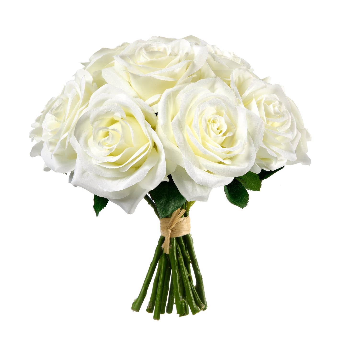 White Roses in Freya Rattan Pedestal Vase- Diane James Home | Faux Floral Couture Handmade In The USA