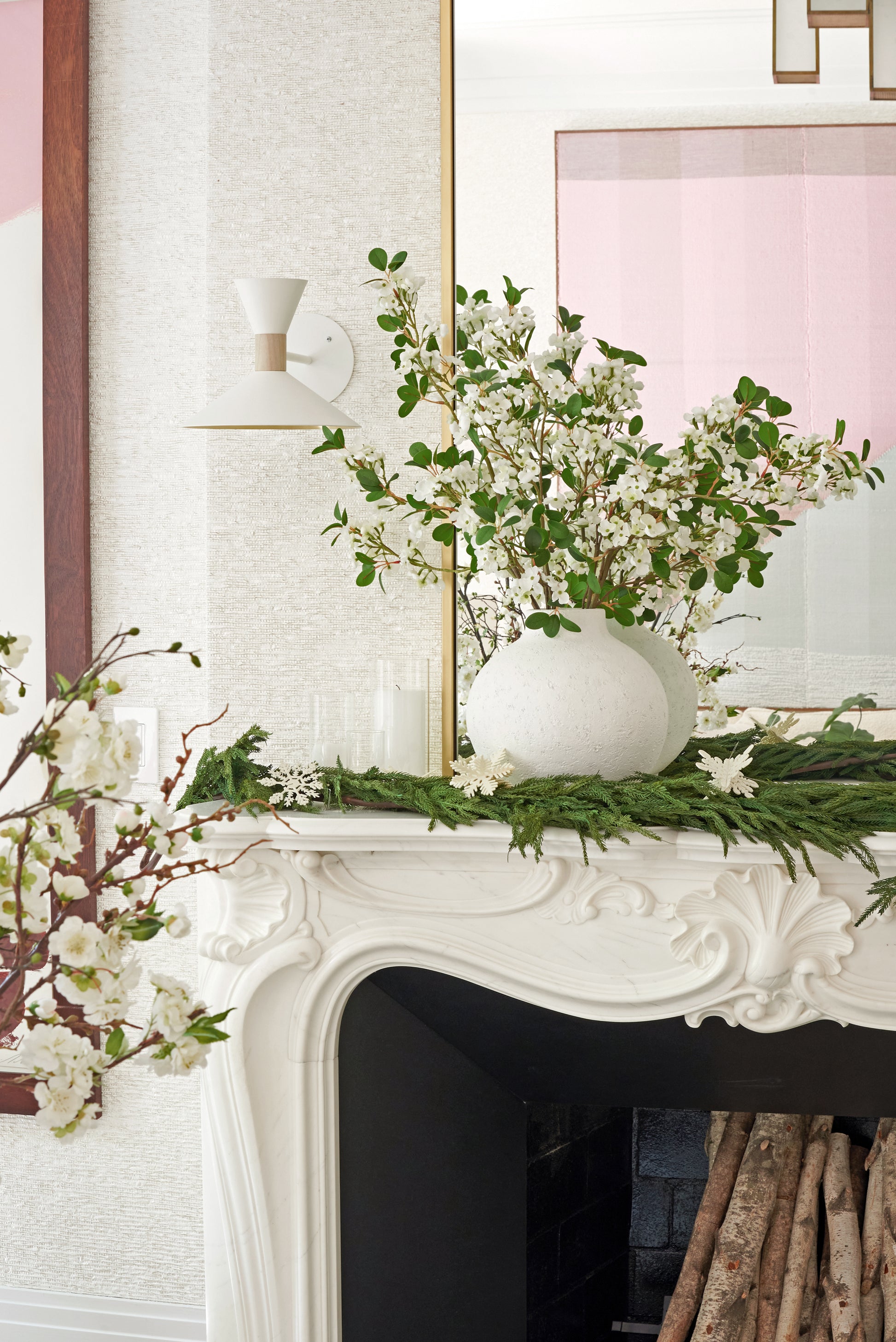 White Blossoms in White Round Vase - Limited Edition- Diane James Home | Faux Floral Couture Handmade In The USA