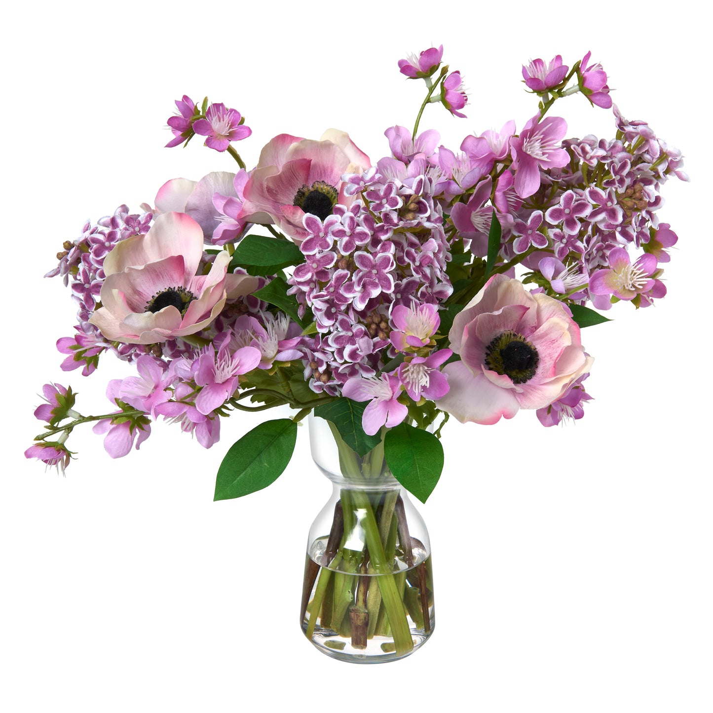 Lilacs and Anemones in Glass Vase- Diane James Home | Faux Floral Couture Handmade In The USA