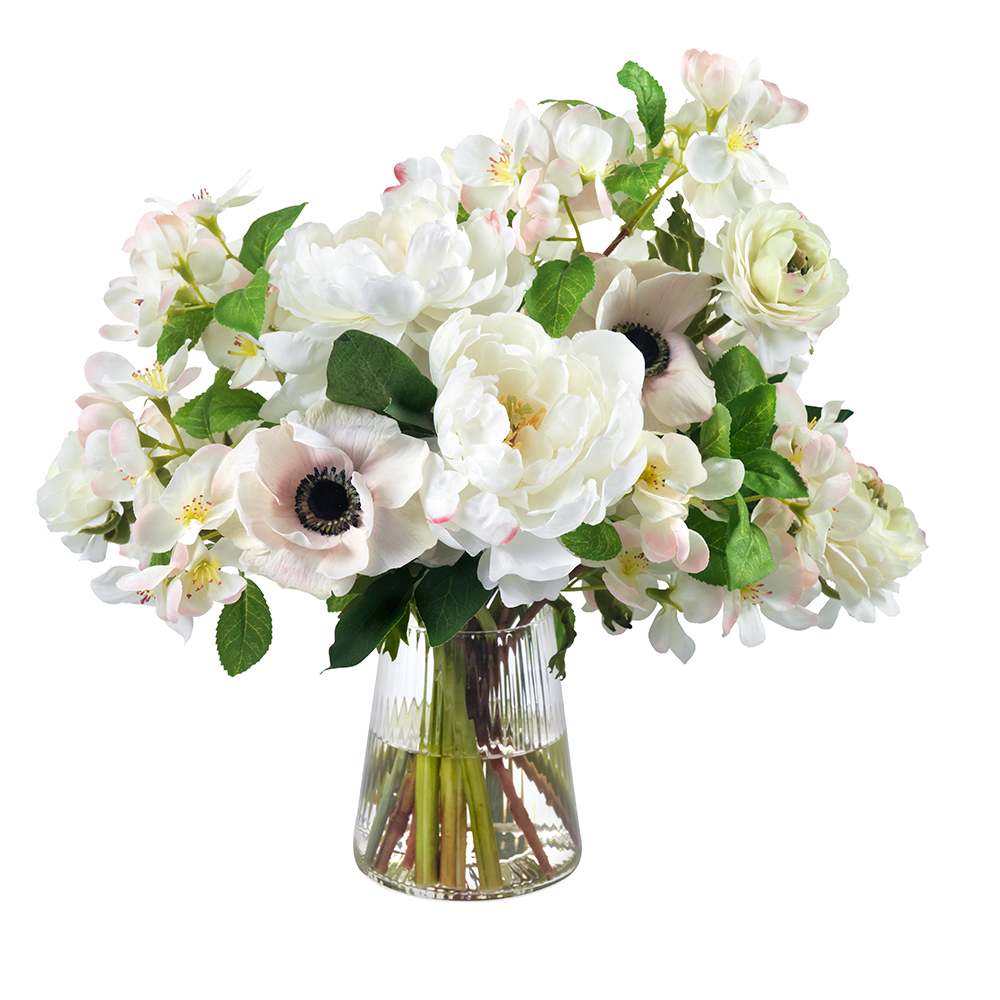 Apple Blossoms, Peonies and Ranunculus in Glass Vase- Diane James Home | Faux Floral Couture Handmade In The USA