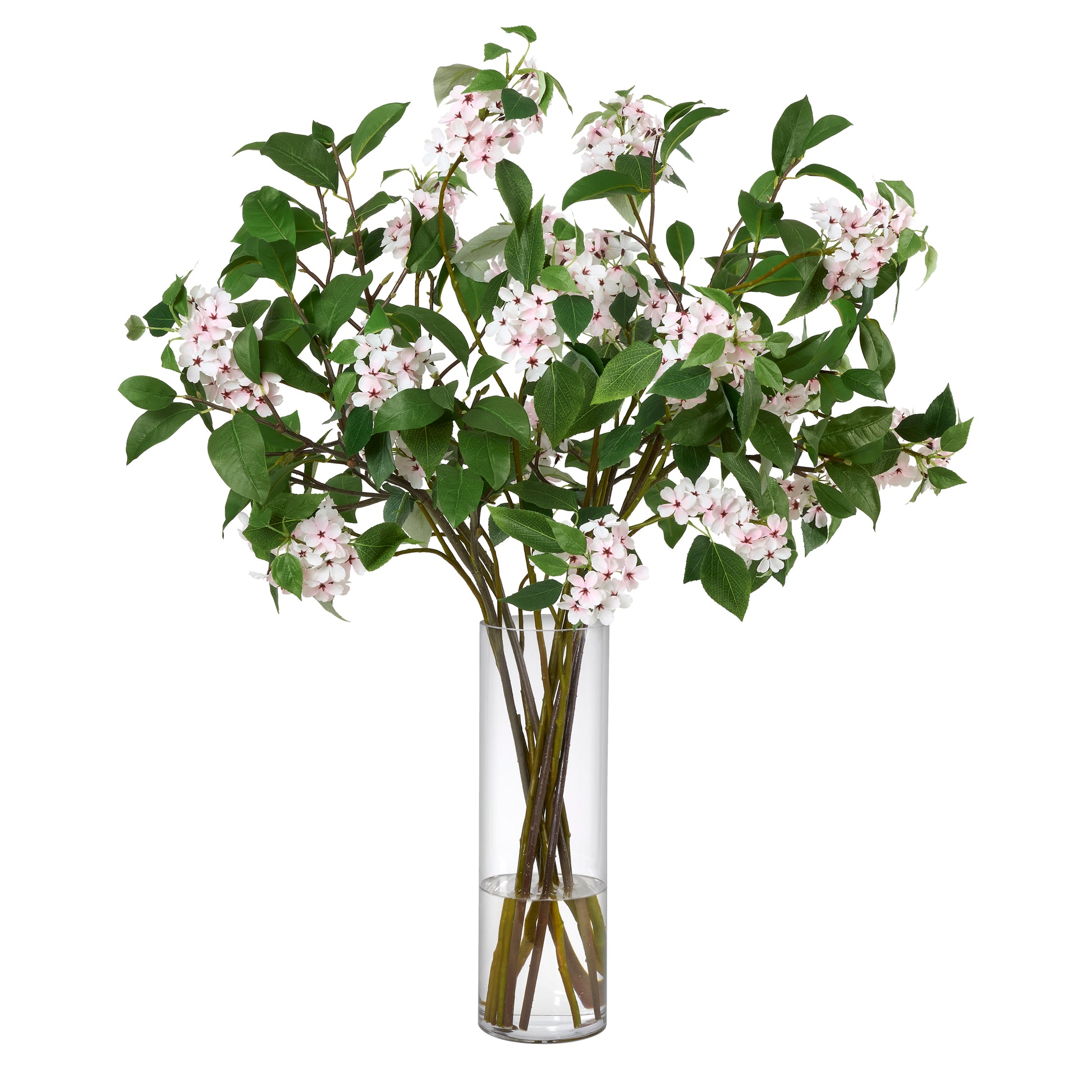 Blair Garden luxury artificial apple blossom arrangement with clusters of white blossoms with pink centers and green leaves by Diane James Home, displayed in a tall clear glass vase against a white background.