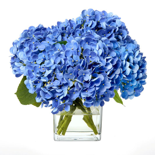 Blue Hydrangeas in Glass Cube- Diane James Home | Faux Floral Couture Handmade In The USA
