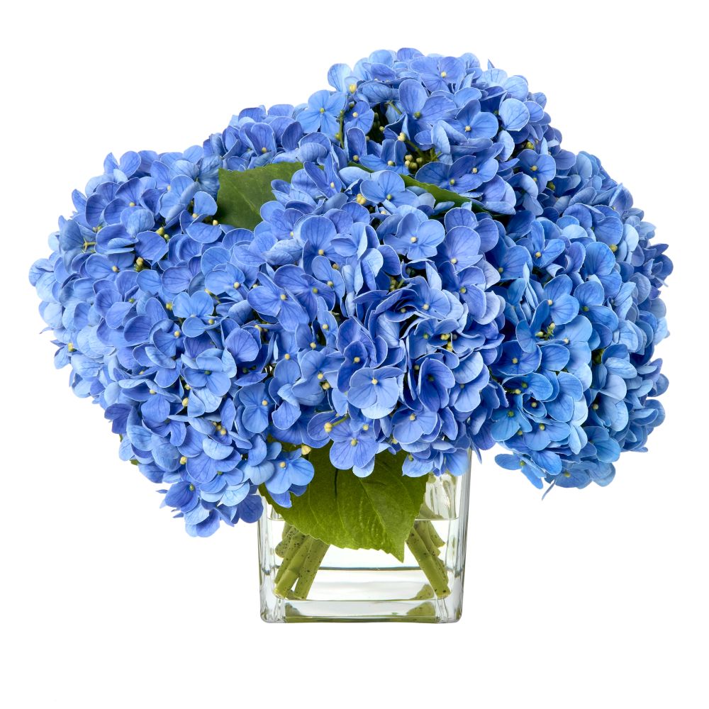 Blue Hydrangeas in Glass Cube- Diane James Home | Faux Floral Couture Handmade In The USA