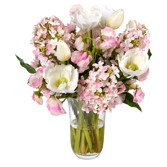 Bouquet of pink and white anemones, tulips, sweetpeas, and lilacs in a clear vase by Diane James Home on a white background