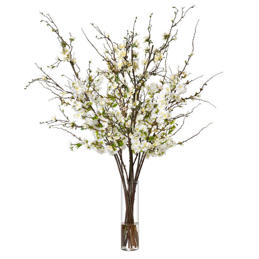 Cherry and Quince Branches in Tall Glass Vase- Diane James Home | Faux Floral Couture Handmade In The USA