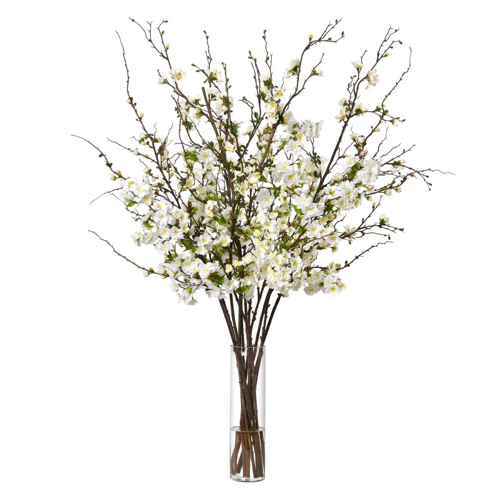Cherry and Quince Branches in Tall Glass Vase- Diane James Home | Faux Floral Couture Handmade In The USA