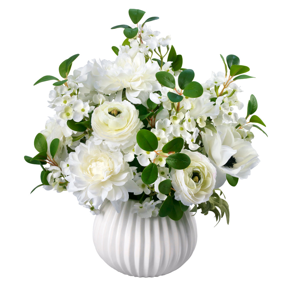Dahlias and Anemones in White Ceramic Vase- Diane James Home | Faux Floral Couture Handmade In The USA