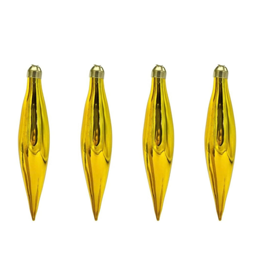 Four shiny gold Christmas ornaments shaped like a teardrop on a white background.