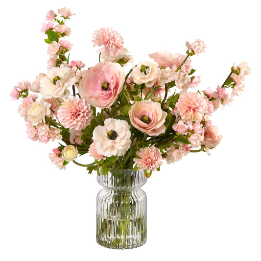 Bouquet of pink and white flowers by Diane James Home in a clear glass vase on a white background