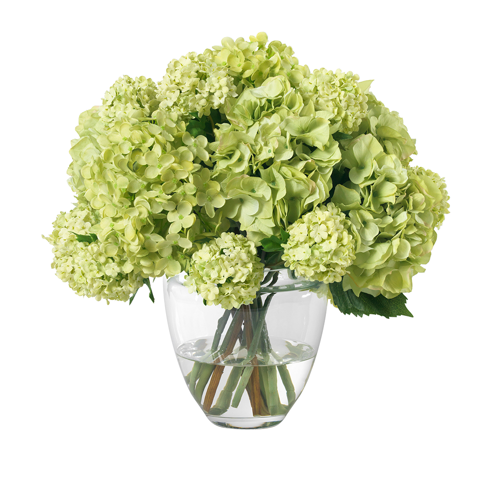 Green Hydrangeas and Snowballs in Glass Vase- Diane James Home | Faux Floral Couture Handmade In The USA