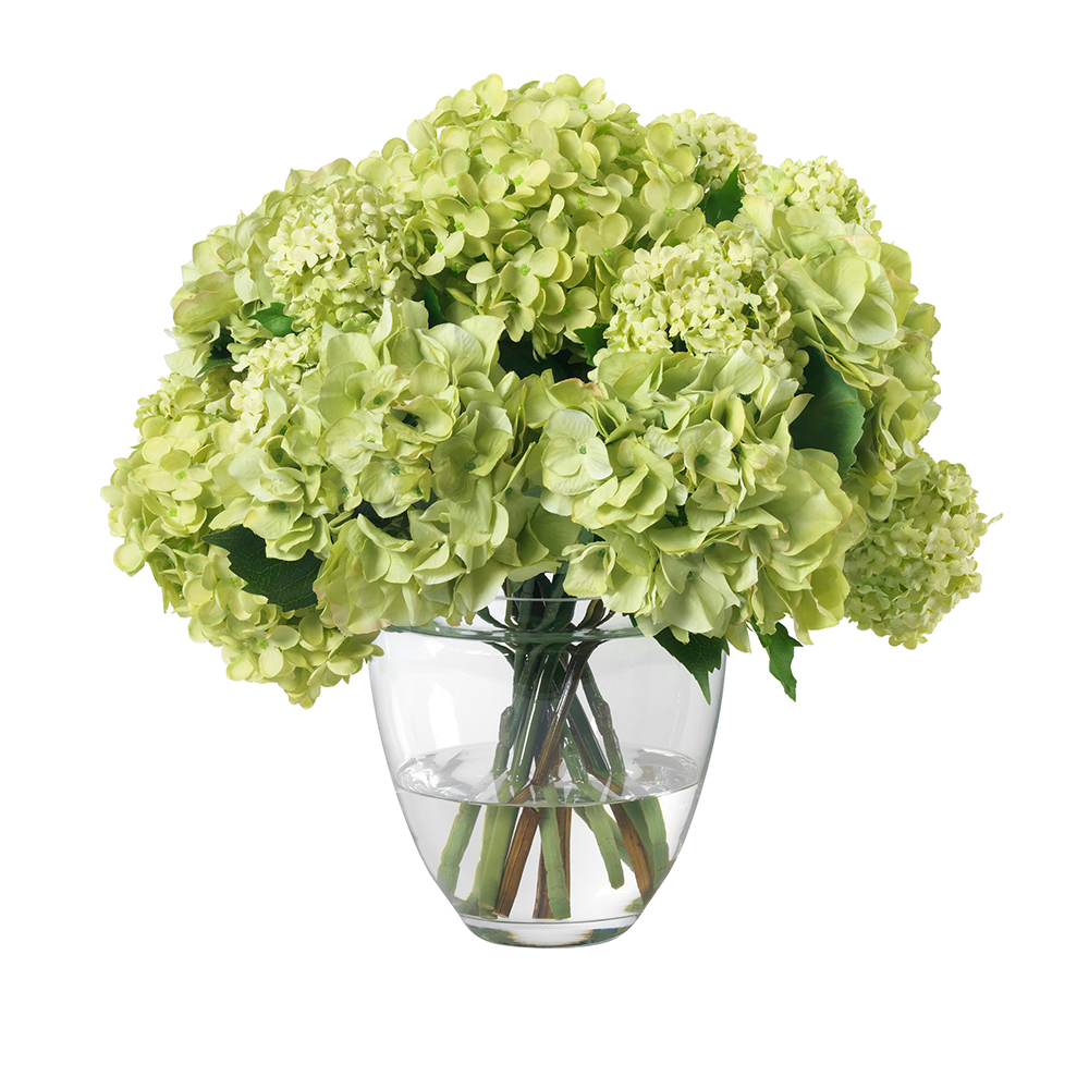 Green Hydrangeas and Snowballs in Glass Vase- Diane James Home | Faux Floral Couture Handmade In The USA