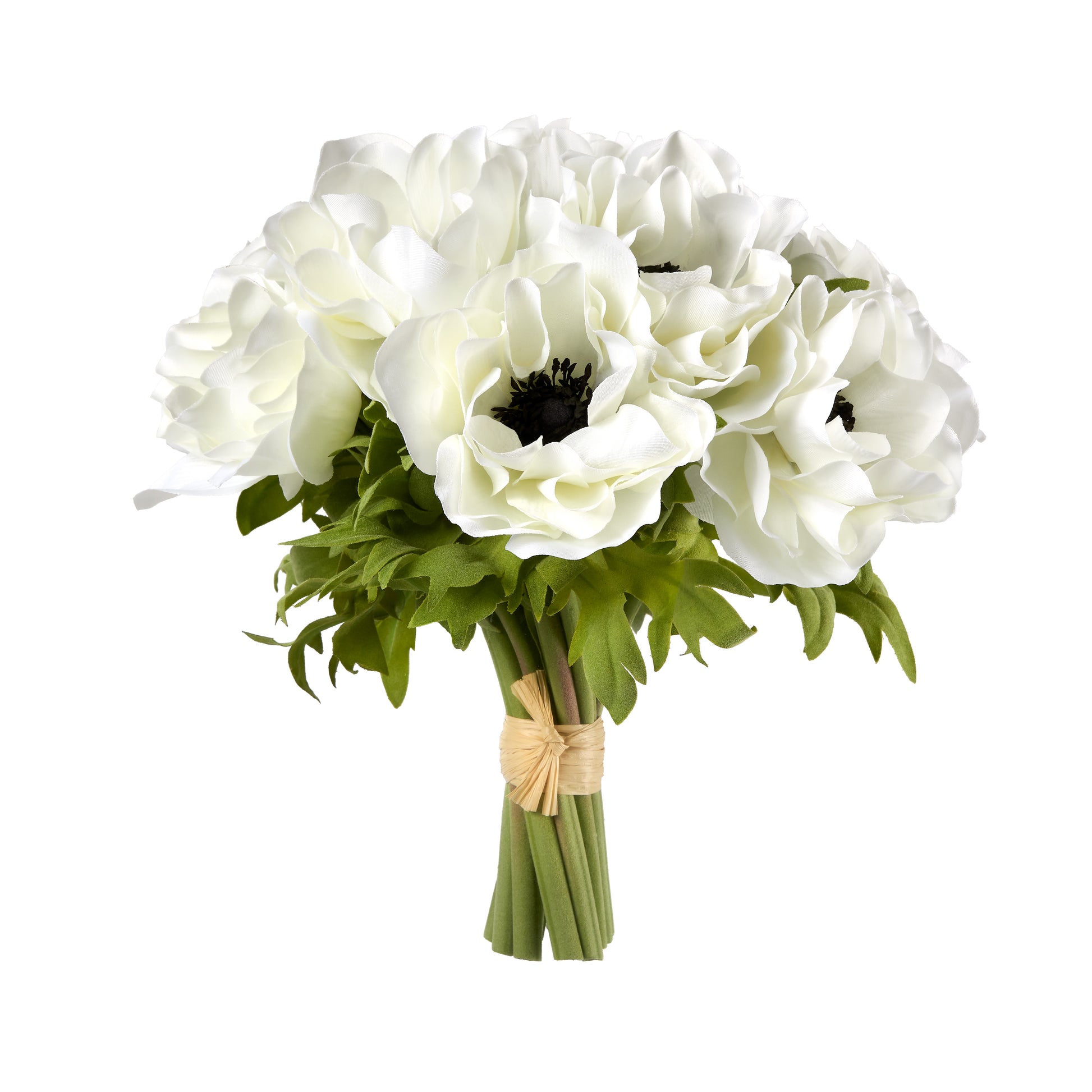 White Anemones in Freya Rattan Pedestal Vase- Diane James Home | Faux Floral Couture Handmade In The USA