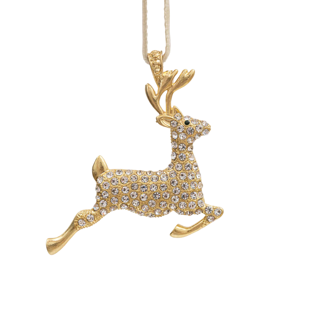 Gold deer-shaped holiday ornament with crystals on a white background