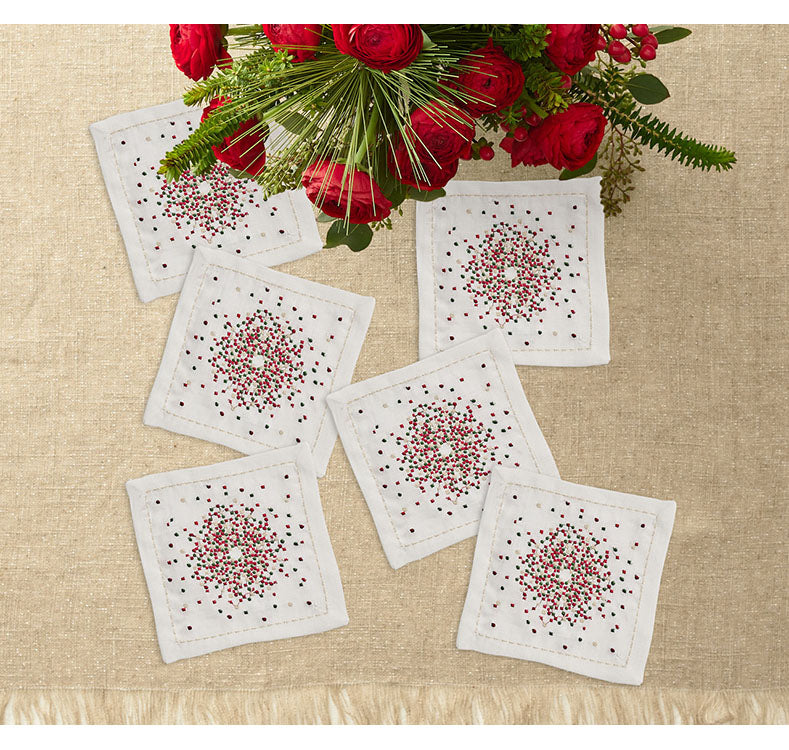 Kim Seybert Starbust Cocktail Napkins in White, Red & Green- Diane James Home | Faux Floral Couture Handmade In The USA