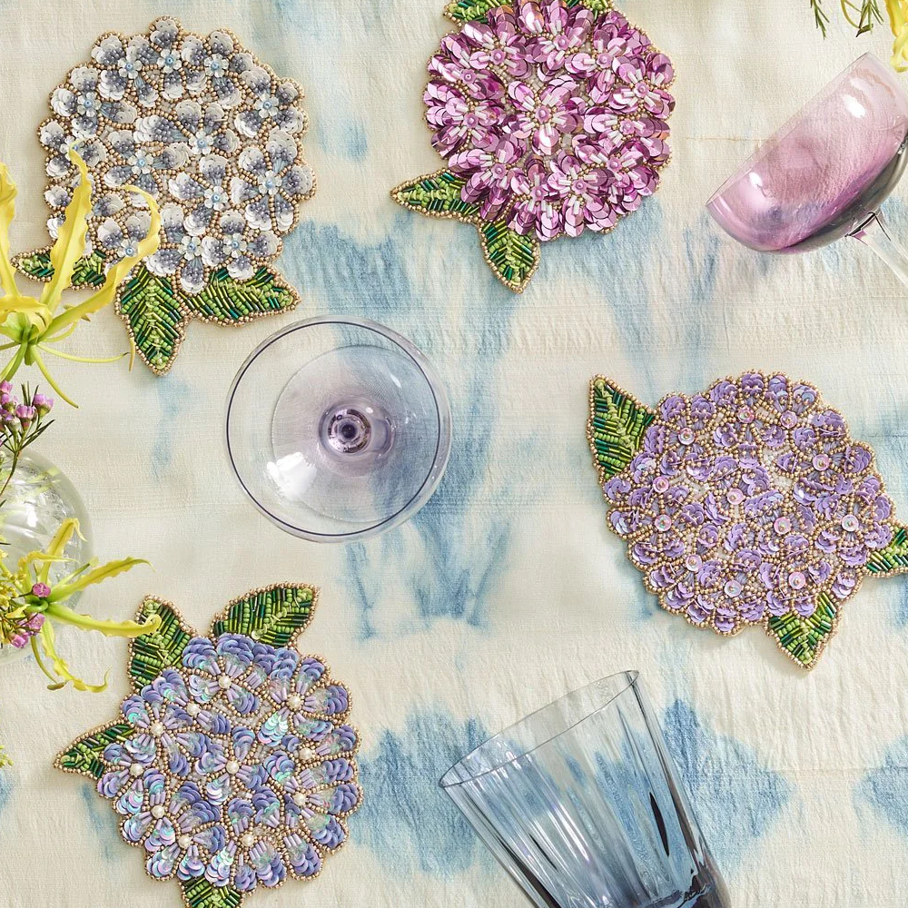 Kim Seybert Hydrangea Beaded Coasters, Set of 4- Diane James Home | Faux Floral Couture Handmade In The USA