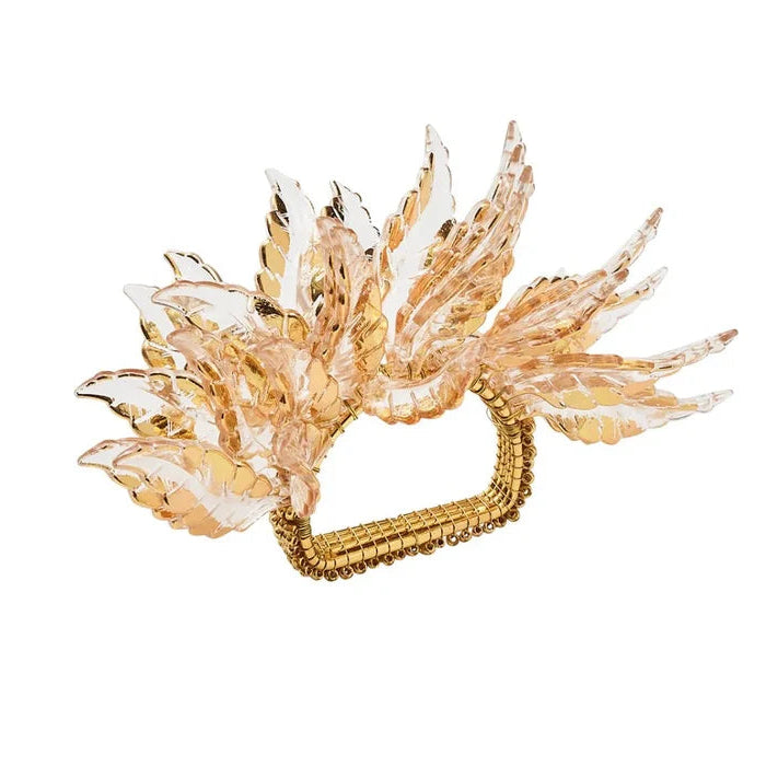 A gold and clear textured npkin ring with a curved base and multiple layered, leaf-like translucent beads, shown on a plain white background.