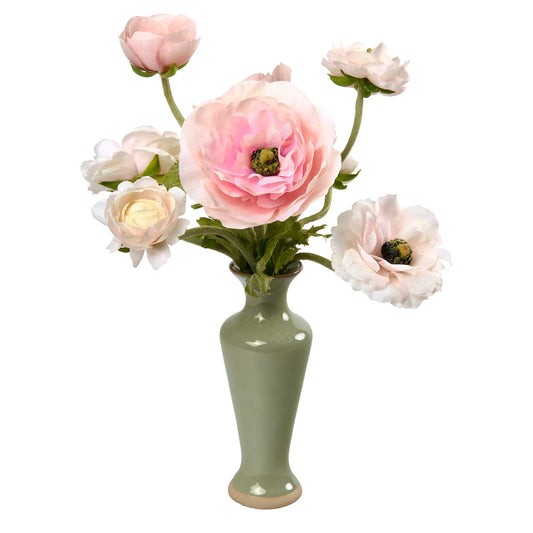Green vase with pink and white flowers by Diane James Home on a white background