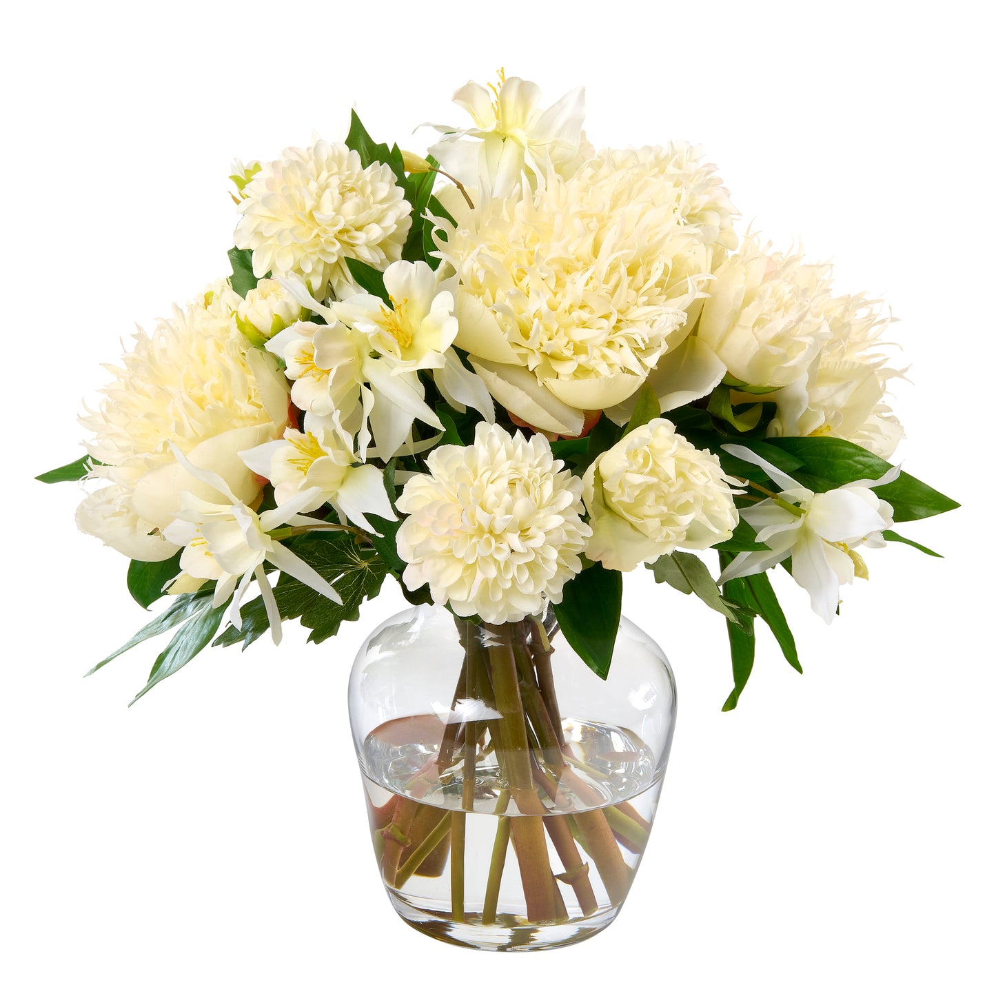 Bouquet of faux white flowers by Diane James Home in a clear vase on a white background