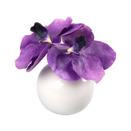Faux purple vanda blossoms in white ceramic bud vase by Diane James Home on a white background