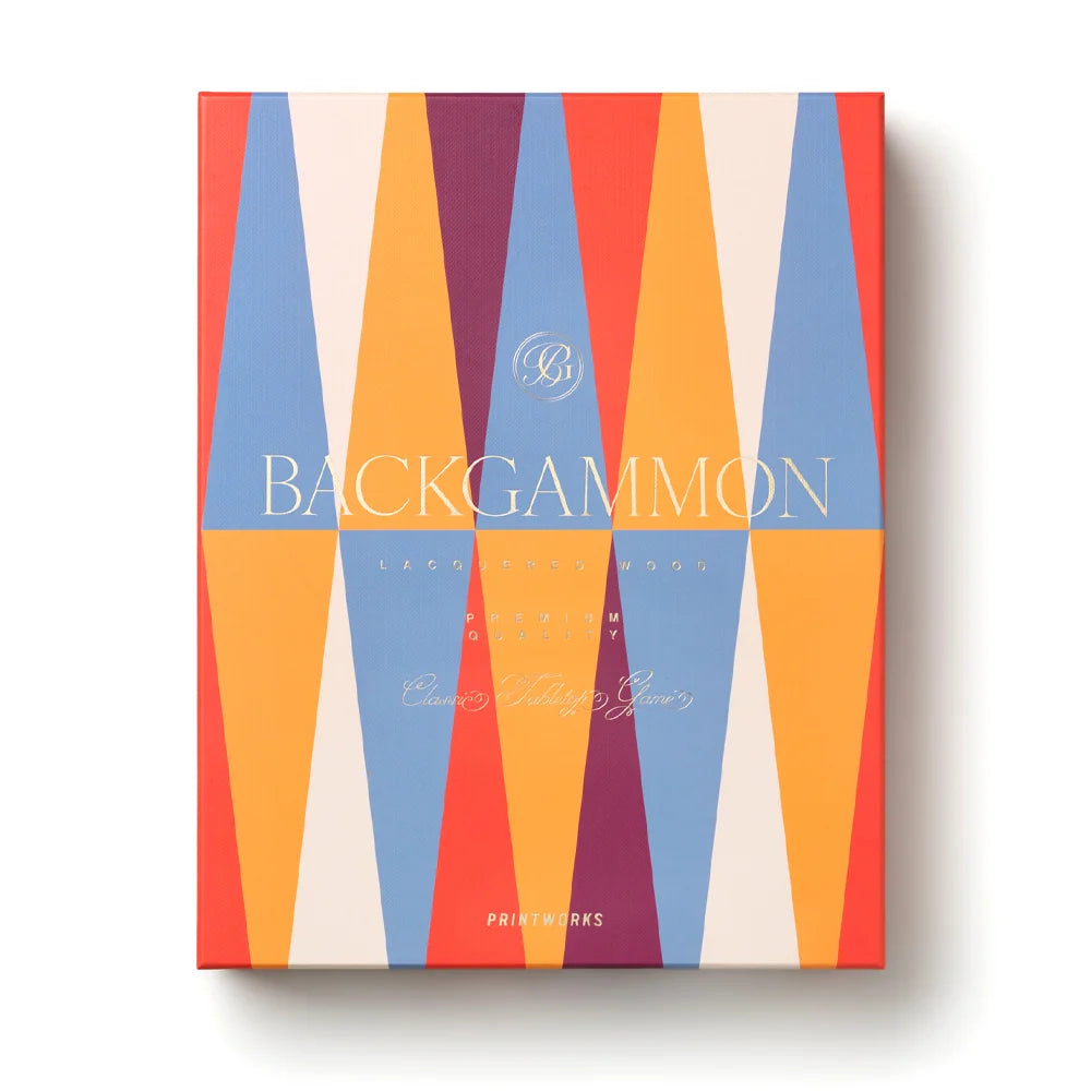 Colorful backgammon set packaging with geometric design on a white background
