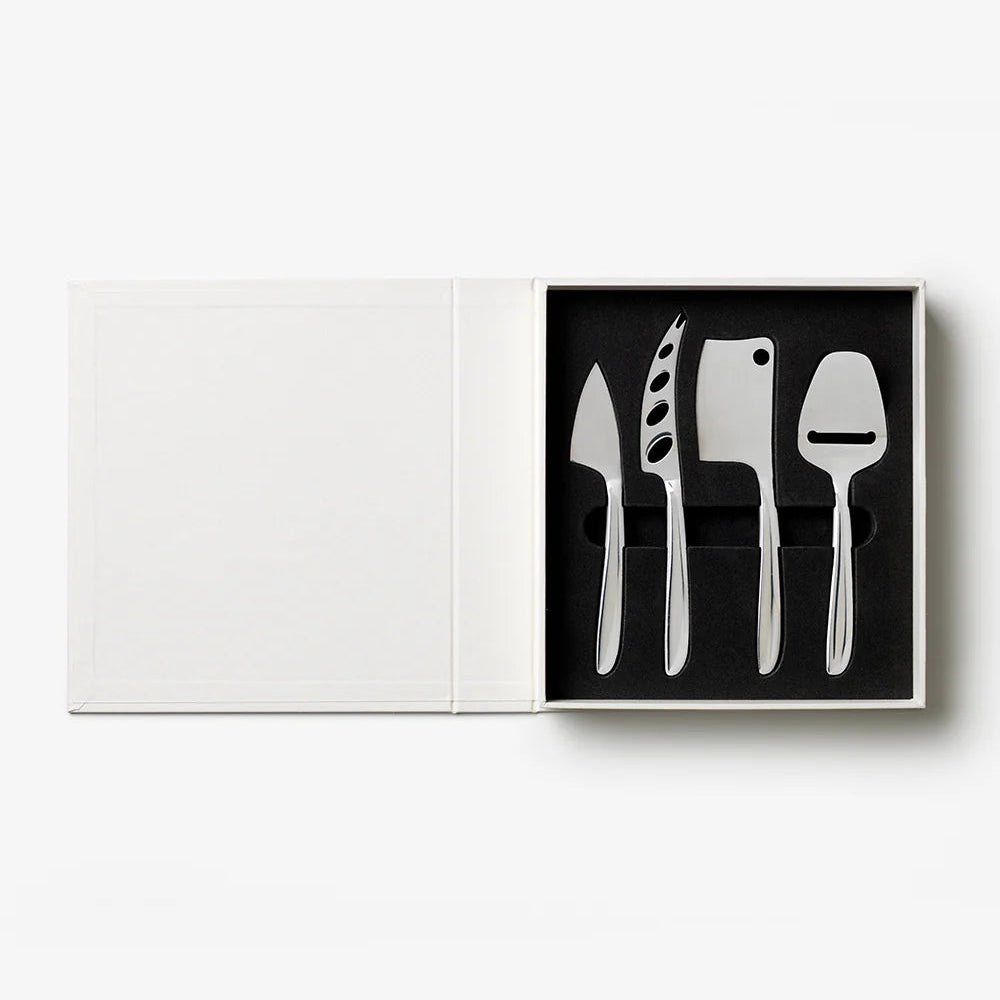 Set of four stainless steel cheese utensils in a black box on a white background