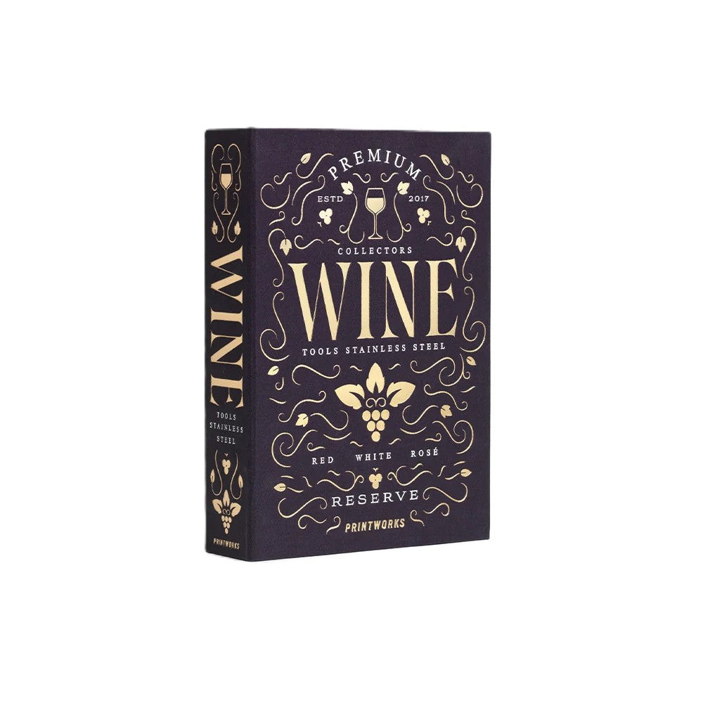 A premium steel wine decanter box with a dark navy blue exterior and ornate gold lettering and illustrations, shown on a plain white background.