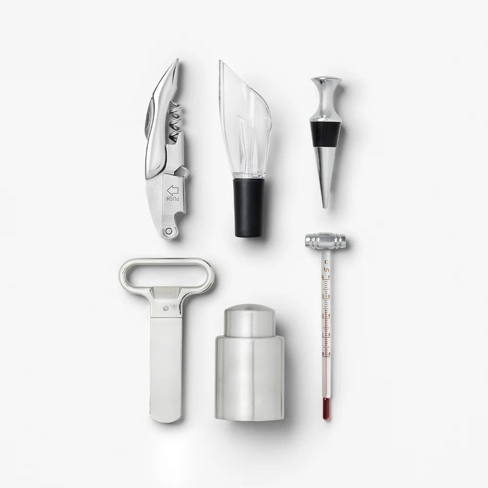 A set of stainless steel wine accessories arranged on a light gray background, including a corkscrew, a glass stopper, a bottle aerator, a bottle opener, a bottle stopper with black accent, and a wine thermometer.