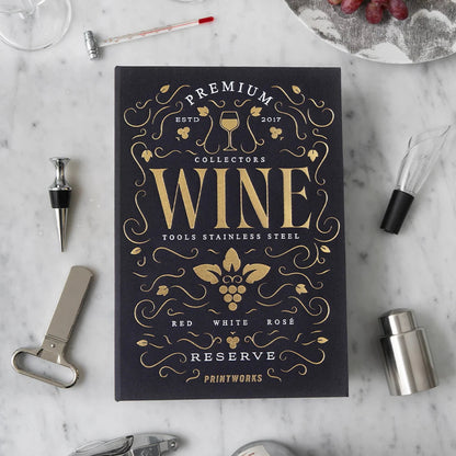 Wine-themed box with decorative text on a marble surface with wine accessories.