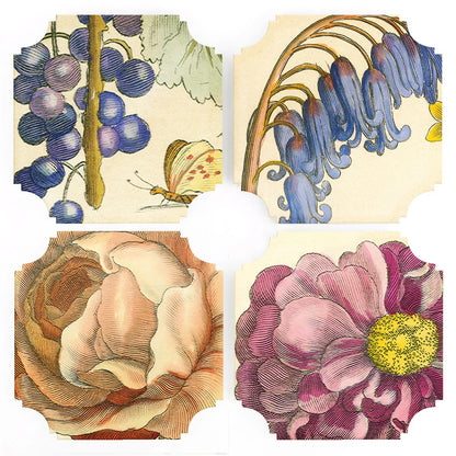 Lucite coasters with floral and fruit motifs