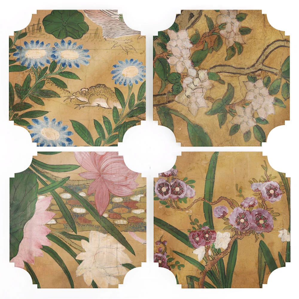 Four decorative coasters with scalloped edges featuring traditional floral and botanical artwork on a gold background, arranged in a 2x2 grid with white space between them.