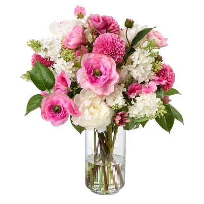 Bouquet of faux pink and white flowers in a clear vase by Diane James Home on a white background