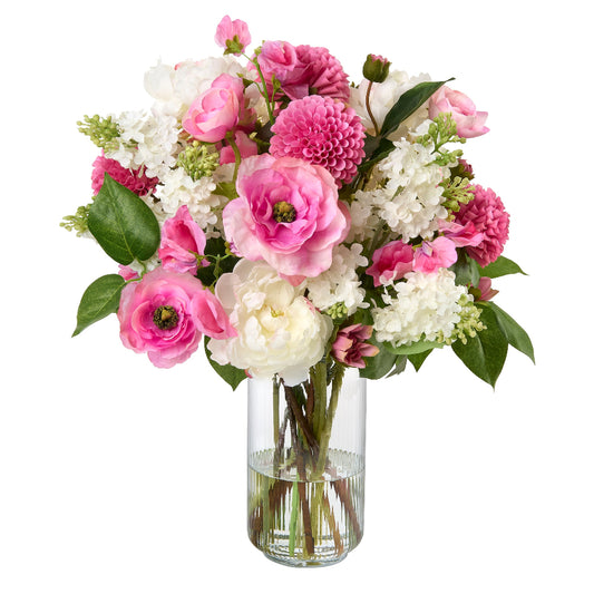 Bouquet of faux pink and white flowers in a clear vase by Diane James Home on a white background