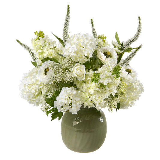 Faux floral arrangement with white flowers and greenery in a green vase by Diane James Home on a white background