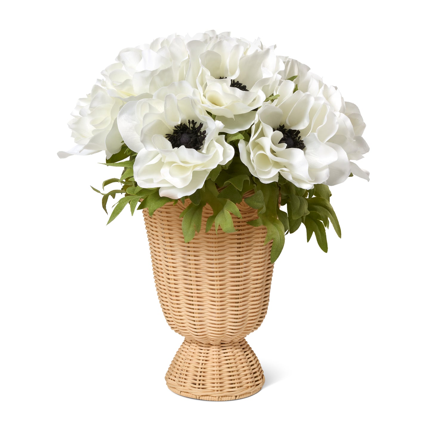 White Anemones in Freya Rattan Pedestal Vase- Diane James Home | Faux Floral Couture Handmade In The USA