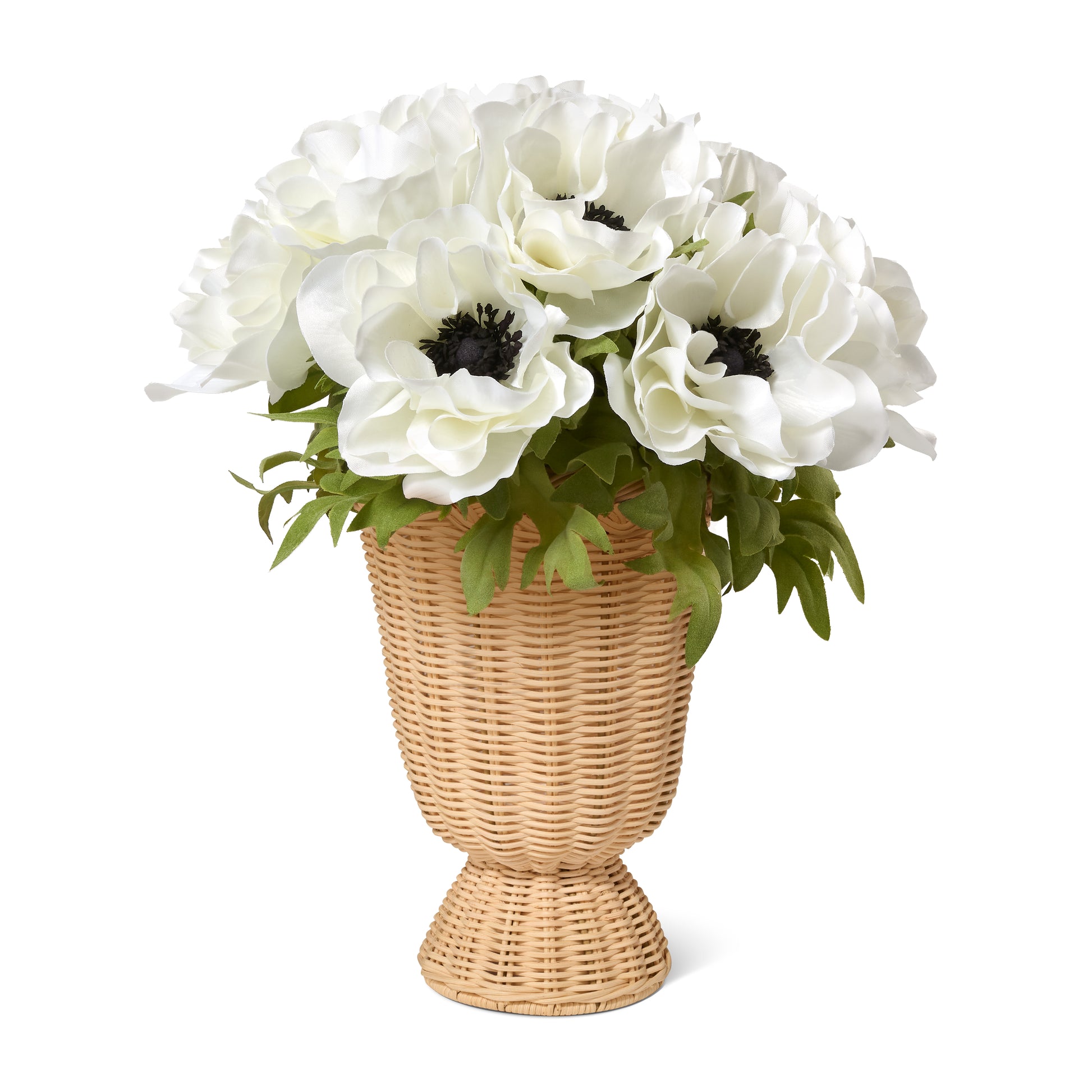 White Anemones in Freya Rattan Pedestal Vase- Diane James Home | Faux Floral Couture Handmade In The USA